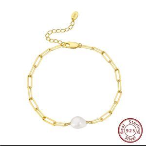 14K Gold Plated S925 Sterling Silver Baroque Pearl Paperclip Bracelet | NWOT